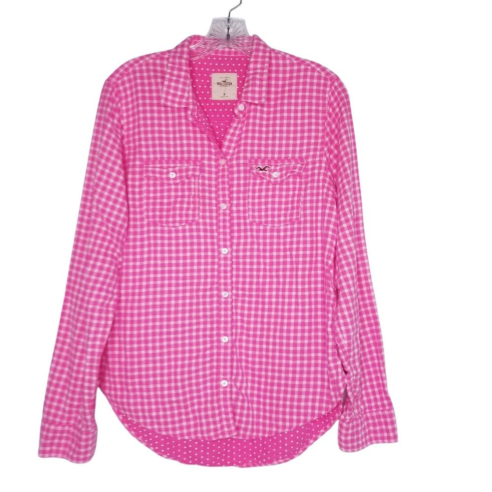 HOLLISTER Y2K Pink White Gingham Plaid Button up Shirt Medium Preppy Beach